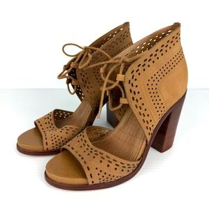 Gianni Bini Tan Leather Laser Cut Lace Up Block Heel Sandals booties‎ Womens 9M